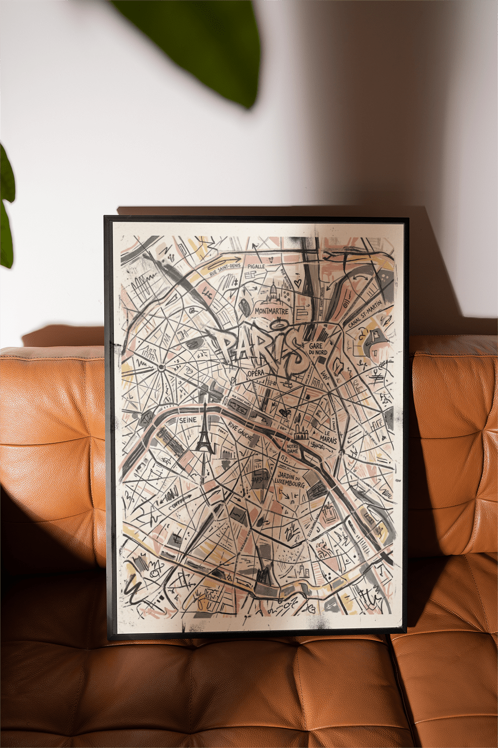Sketch-style city map wall art print highlighting Gare du Nord and Opéra labels