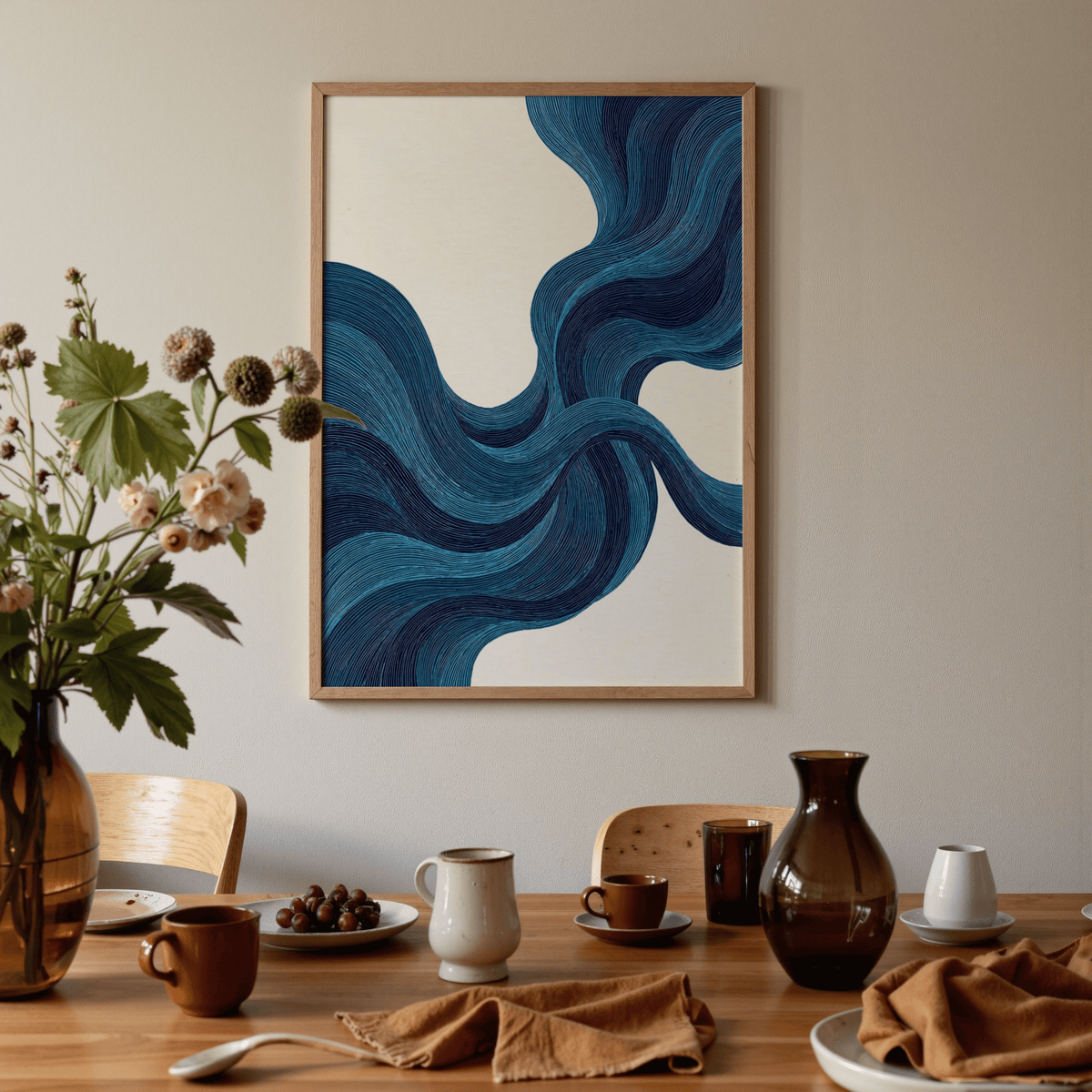 Blue Line Wall Art abstract design in blue and beige for home office