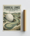 Fantasy Golf Wall Art print featuring SURREAL LINKS title and a giant golf ball in the foreground