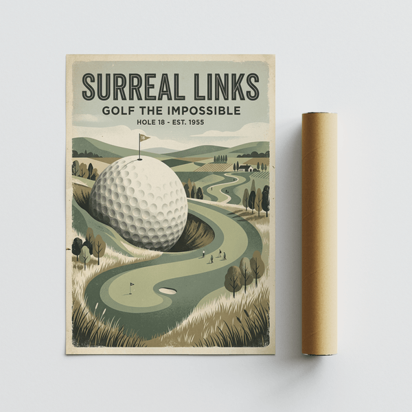 Fantasy Golf Wall Art print featuring SURREAL LINKS title and a giant golf ball in the foreground