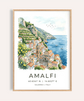 Amalfi Coast Wall Art print featuring watercolor hillside town and blue sea