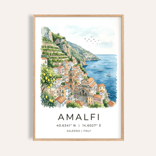 Amalfi Coast Wall Art print featuring watercolor hillside town and blue sea