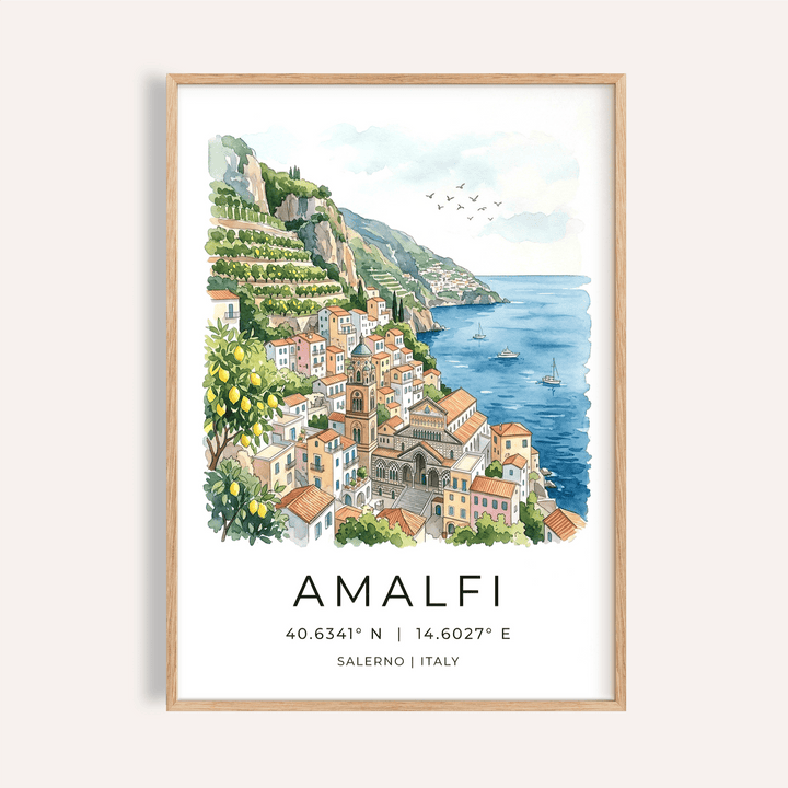Amalfi Coast Wall Art print featuring watercolor hillside town and blue sea
