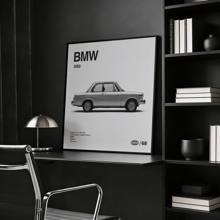 Classic 1970s Sports Saloon poster leaning on a desk with a silver desk lamp and books nearby