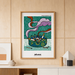 Graphic wall art print of a round patterned ashtray with matchsticks and rising smoke ribbons