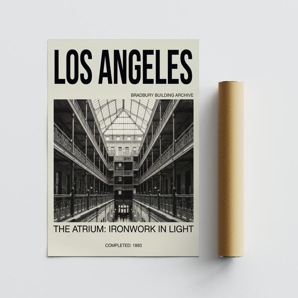 Los Angeles Architecture Art Print in beige and black and white with Bradbury Building atrium scene