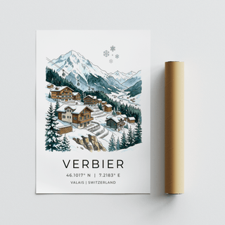 Verbier Mountain Wall Art travel poster with snowy village, pine trees, and mountain peaks