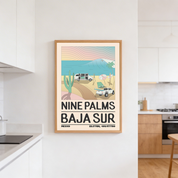 Nine Palms destination poster showing silhouettes of surfboards near water