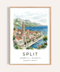 Watercolor Split Dalmatia Art Print poster showing harbor promenade and bell tower