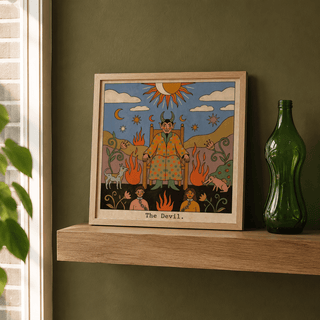 Close-up print of horned devil figure seated on a throne in Tarot Card Devil Art wall poster