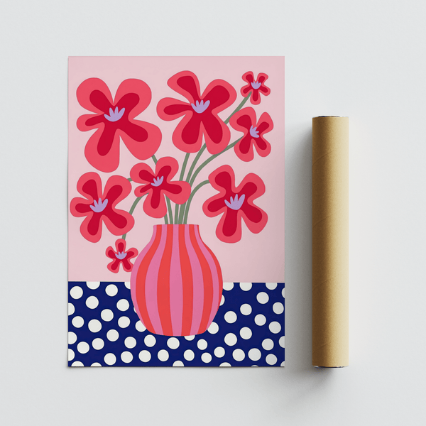 Colorful Flower Poster print with cheerful Pink flowers for living area wall art