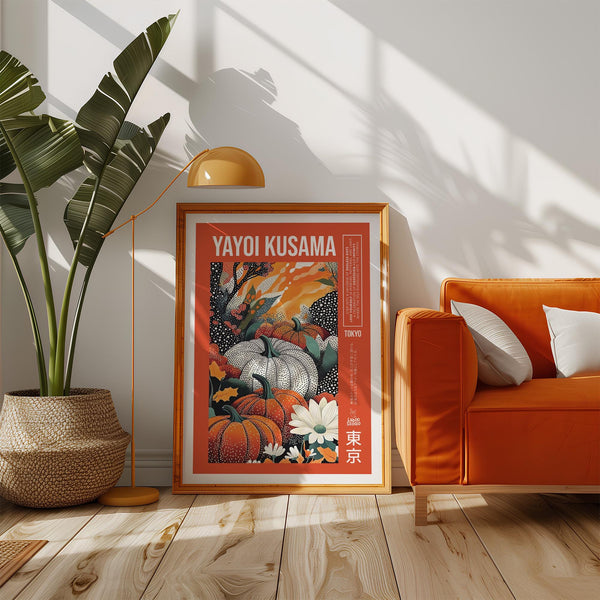 Vibrant orange artwork with bold pumpkins inspired by Yayoi Kusama pumpkin print.