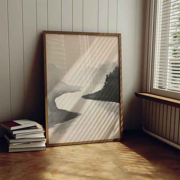 Japanese ink wash painting showing river bends in misty hills.