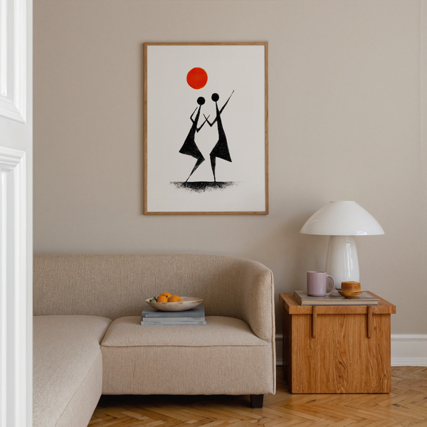 Modern folk-style wall art print of two elongated figures in motion