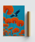 Japandi Bird Print with Blue and Red, creative studio room wall art