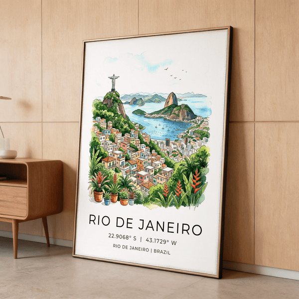 Panoramic travel wall art print featuring Rio de Janeiro coastline with boats and mountains