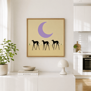 Minimalist Black Dog Art Print showing three slim dogs beneath a crescent moon