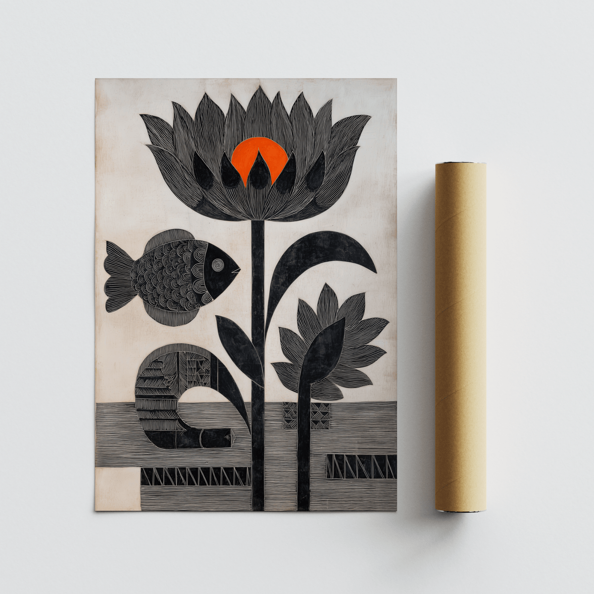 Patterned base band with stripes and blocks beneath lotus and fish poster print