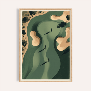 Overhead golf course print with winding fairway and sand bunkers