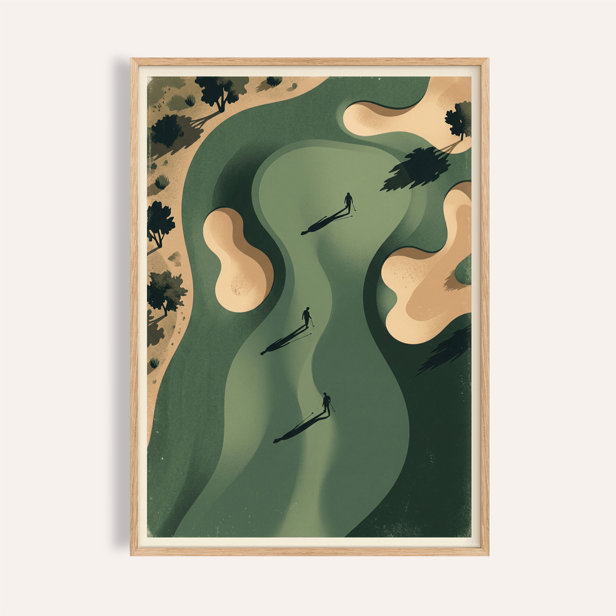 Overhead golf course print with winding fairway and sand bunkers
