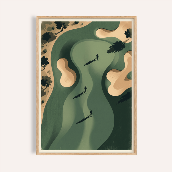 Overhead golf course print with winding fairway and sand bunkers