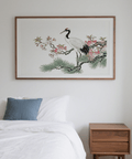 Detailed bird wall art print with crane standing on branch and clustered blossoms
