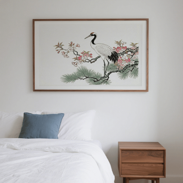 Detailed bird wall art print with crane standing on branch and clustered blossoms