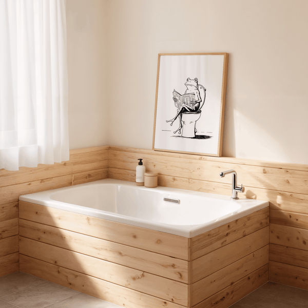 Cartoon Frog Wall Art in black and white, frog reading a newspaper on a toilet