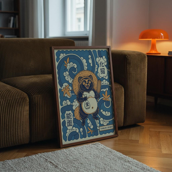 Close-up Tanuki Art Print poster detail of the tanuki face, straw hat texture, and bold linework