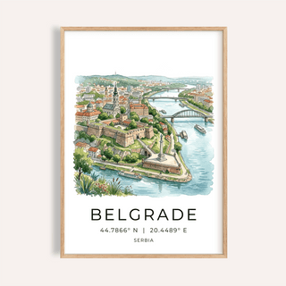 Belgrade City Art Print showing a watercolor riverside fortress and bridge