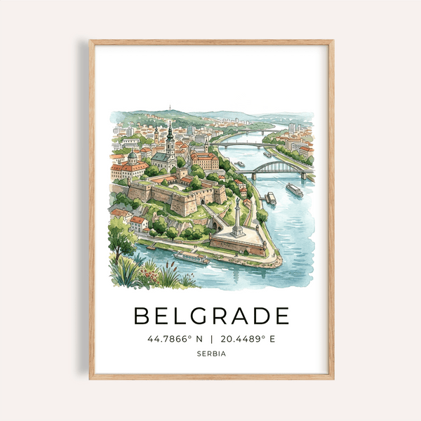 Belgrade City Art Print showing a watercolor riverside fortress and bridge