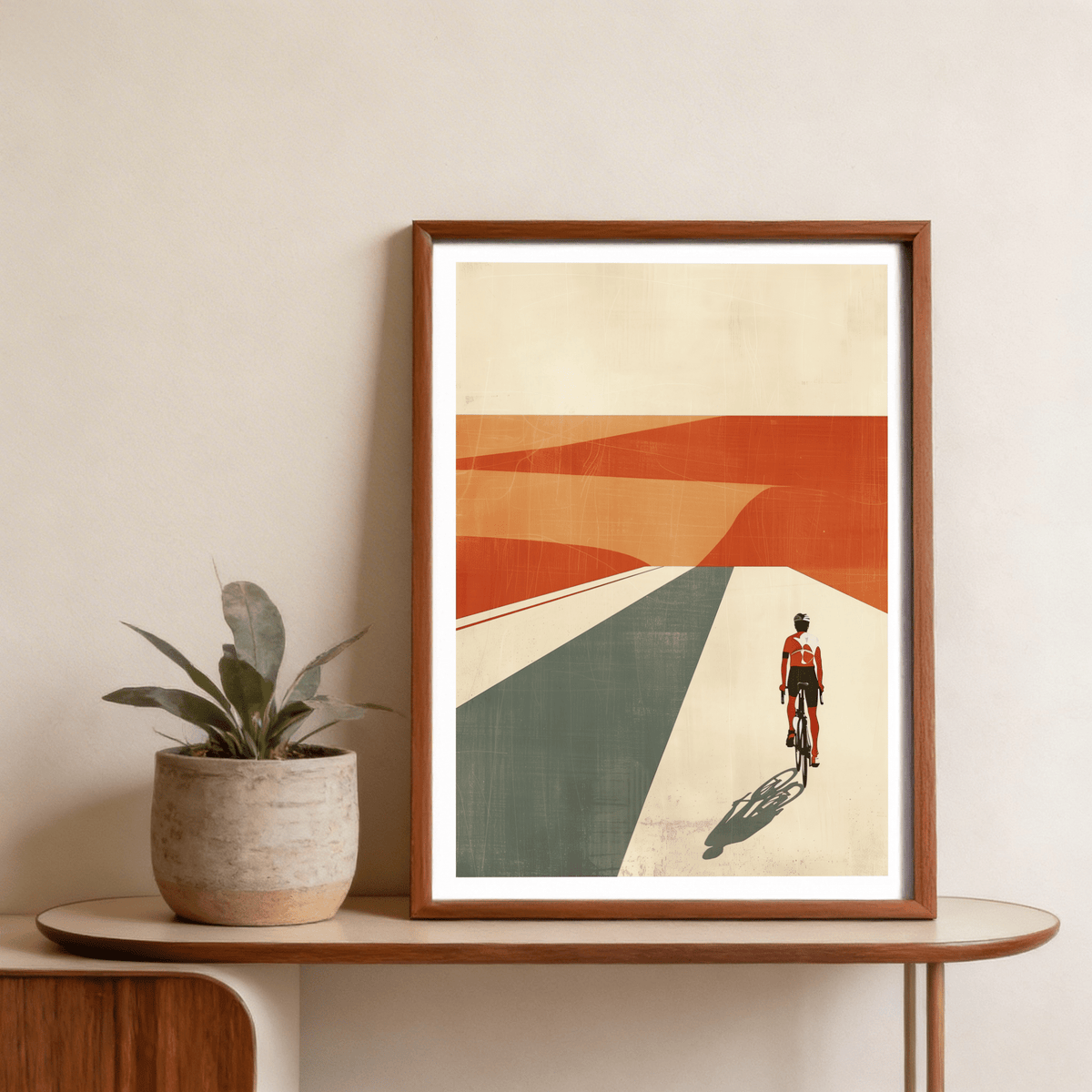 Cycling Landscape Print depicting cyclist silhouette against abstract ridgelines