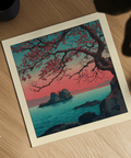 Rocky islet centered on still water with fading sunset hues print