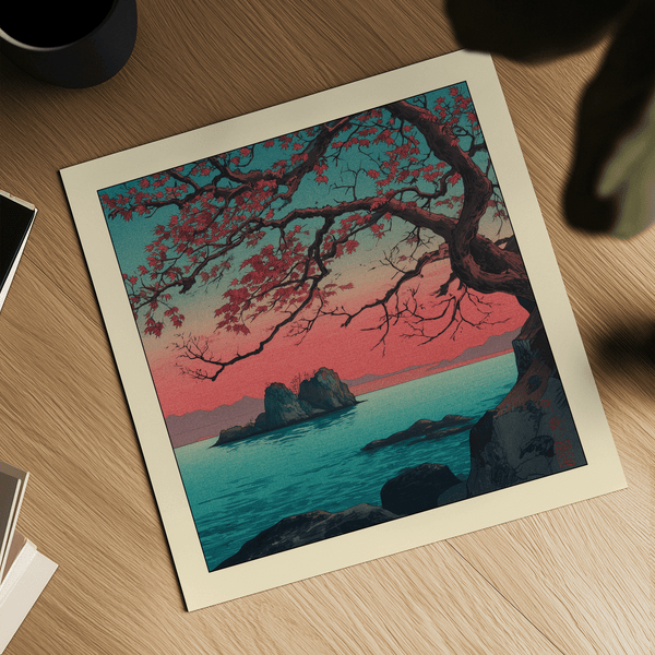Rocky islet centered on still water with fading sunset hues print