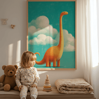 Nursery Room Poster orange dinosaur and clouds for baby room wall art
