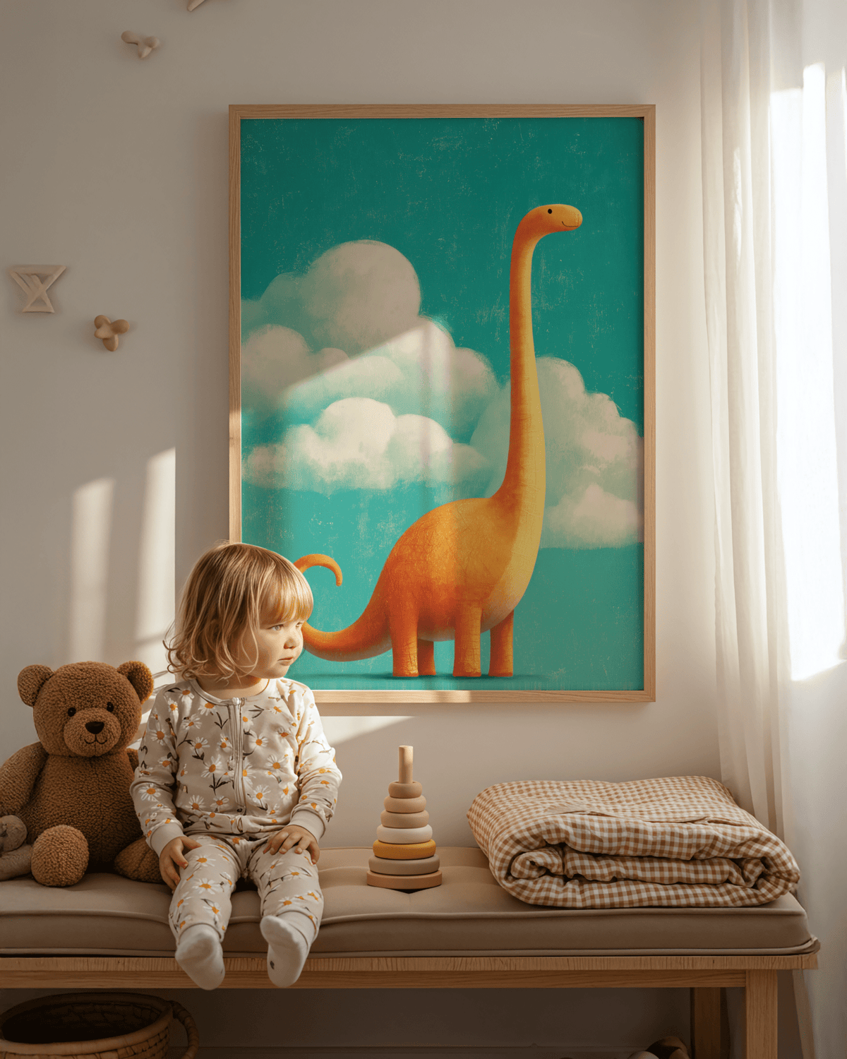 Nursery Room Poster orange dinosaur and clouds for baby room wall art