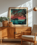 Silhouetted tree trunk and calm inlet in Pink and Blue wall art