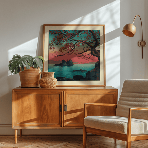 Silhouetted tree trunk and calm inlet in Pink and Blue wall art