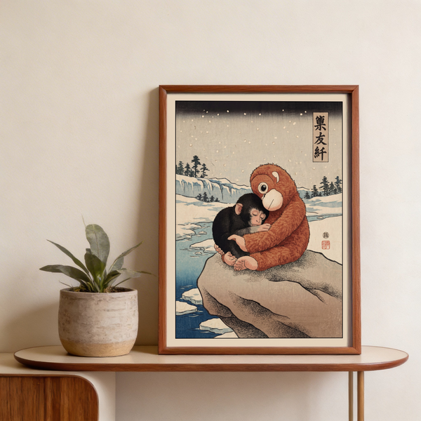 Punch Monkey Poster wall decor with hugging monkeys and negative space sky