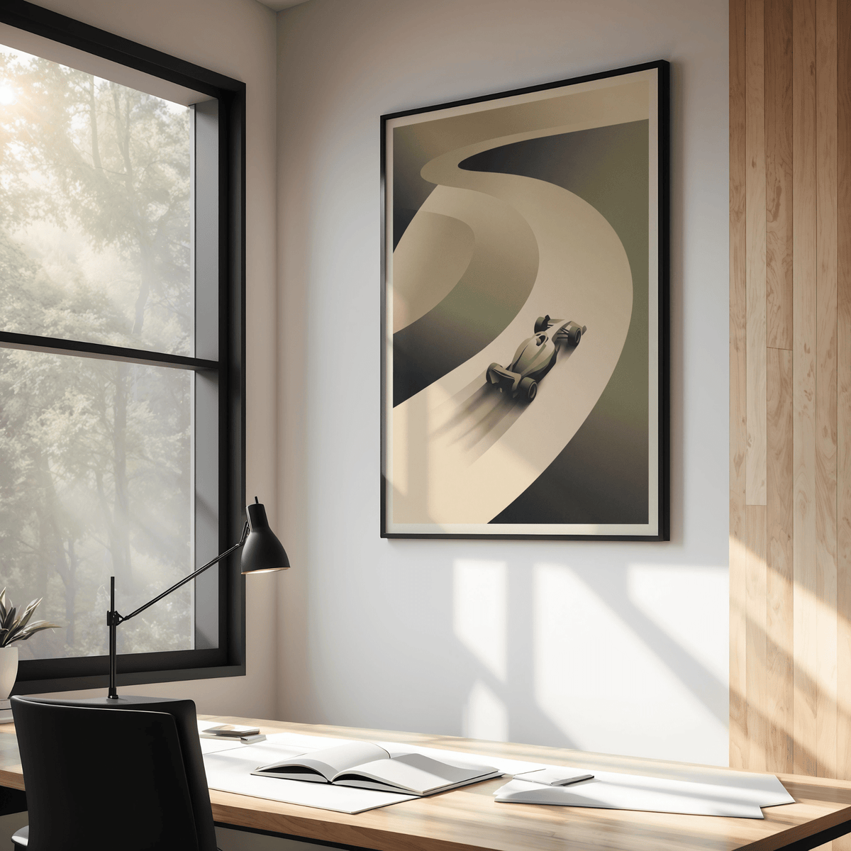 Front-angle Racing Car Art Print with simplified open-wheel car and looping track bands