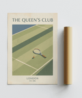 Minimal sports wall art print focusing on a tennis racket beside a ball on the court