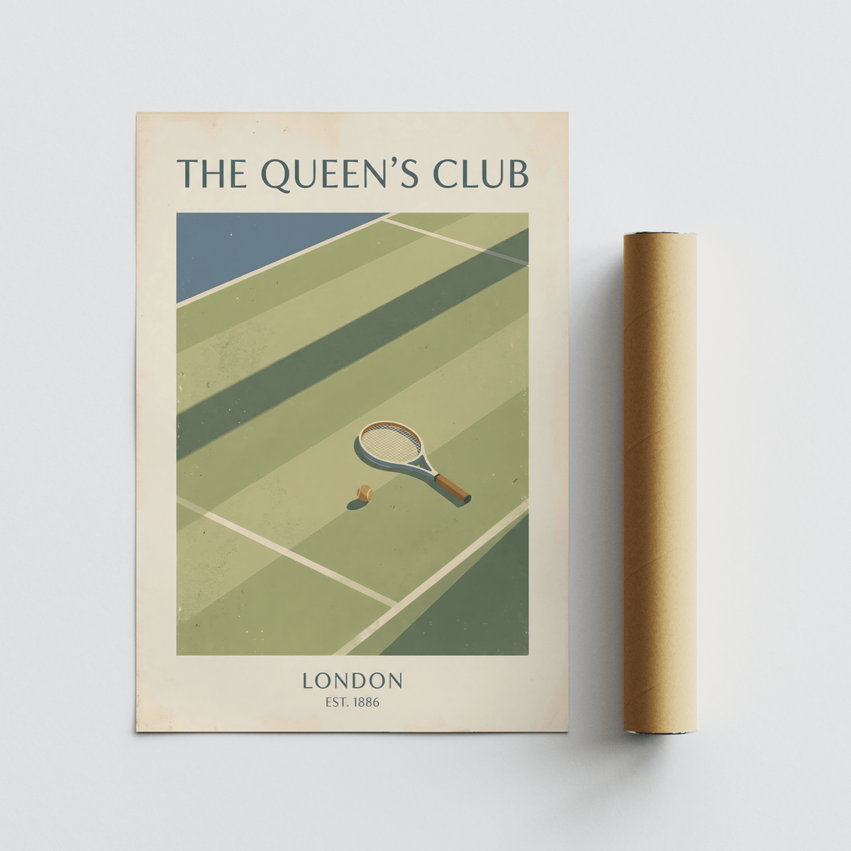 Minimal sports wall art print focusing on a tennis racket beside a ball on the court