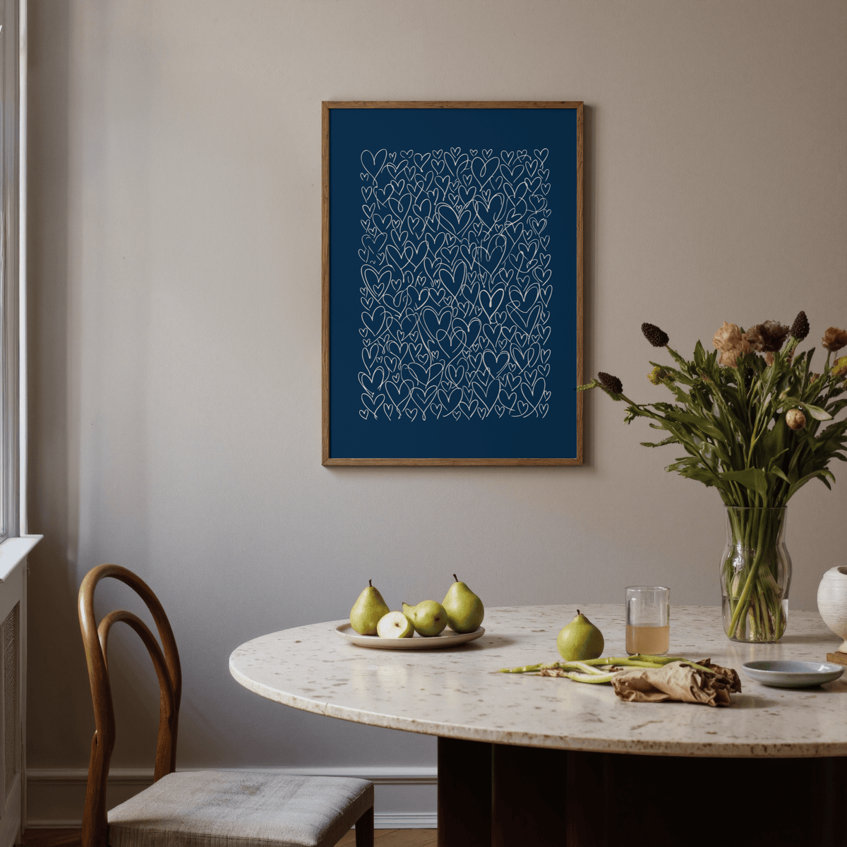Heart pattern Blue and Beige Art with Hearts for dining area