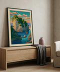 Room scene featuring Hasui Kawase oastal print wall art above a console table
