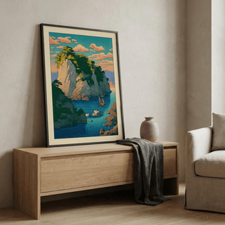 Room scene featuring Hasui Kawase coastal print wall art above a console table