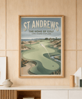 Featuring St Andrews Golf Print travel-style poster with golfer, bunkers, and coastal horizon