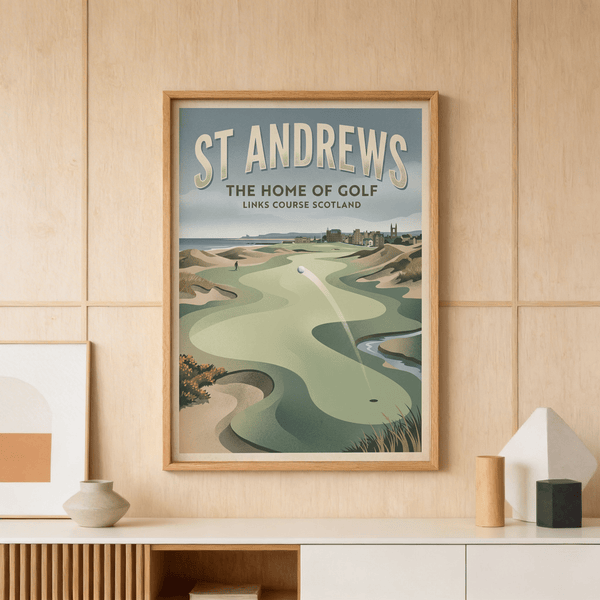 Featuring St Andrews Golf Print travel-style poster with golfer, bunkers, and coastal horizon