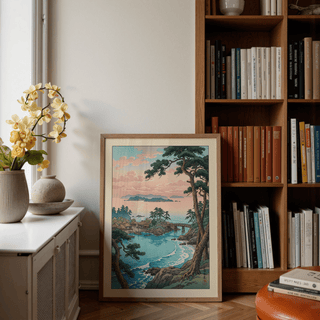 Shoreline village print with small boats, curved bridge, and pine branches framing the view