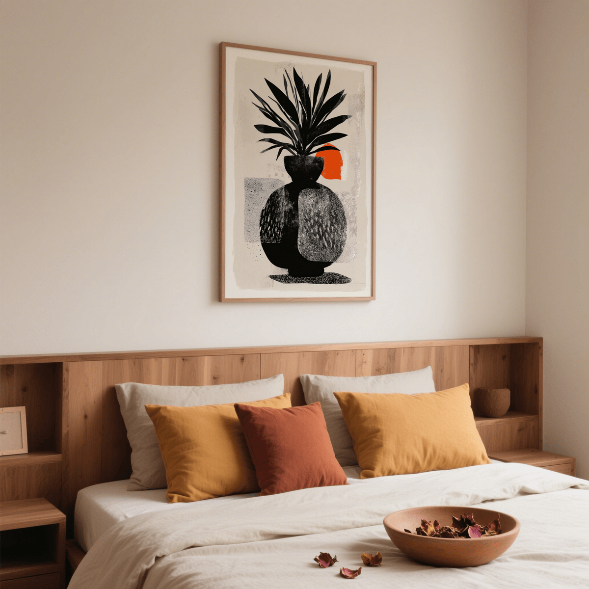 Clean-lined plant print poster with central vase form and circular sun element