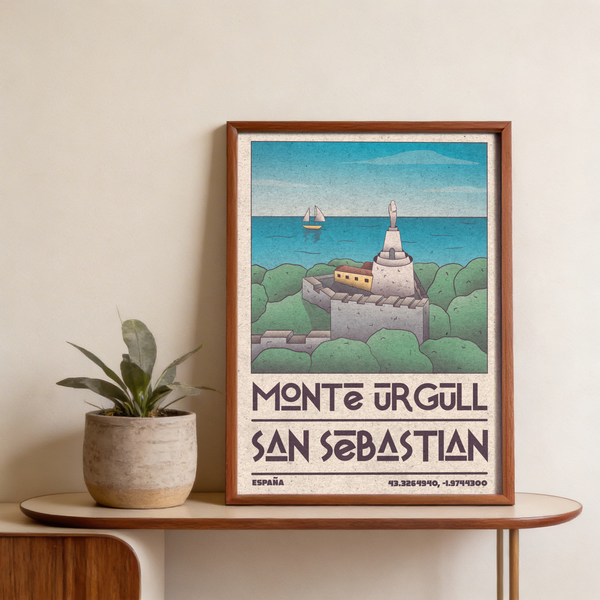 Bold typography version of San Sebastian Art Print alongside retro travel series